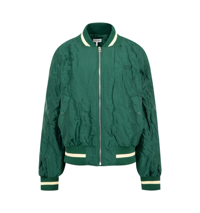 Image 1 of 3 - GREEN - LOEWE Bomber Jacket in lightweight crinkled technical taffeta featuring a striped rib knit collar, cuffs and hem, regular fit, regular length, zip front fastening, vertical snap button welt pockets, inside welt pockets, fully lined and double L embroidery placed on the chest. Polyester. Made in Italy.