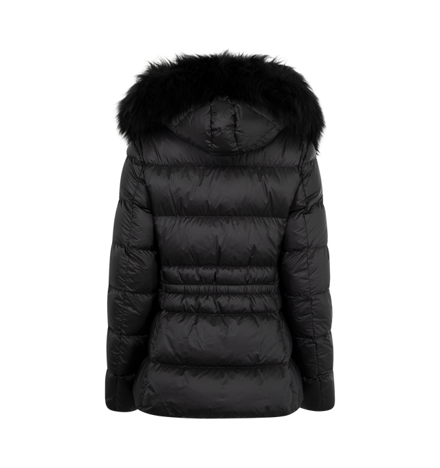 Image 2 of 3 - BLACK - MONCLER Boed Jacket featuring longue saison lining, down-filled, hood with a detachable long-haired sheepskin trim, zipper closure, zipped pockets and elastic belt with snap button closure. 100% polyamide/nylon. Padding: 90% down, 10% feather.
