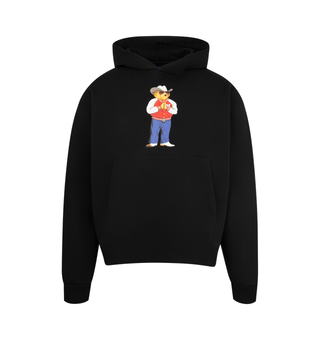 Image 1 of 2 - BLACK - MARKET Hee Haw Bear Cotton Graphic Hoodie featuring fixed hood, kangaroo pocket, ribbed cuffs and hem. 100% cotton.