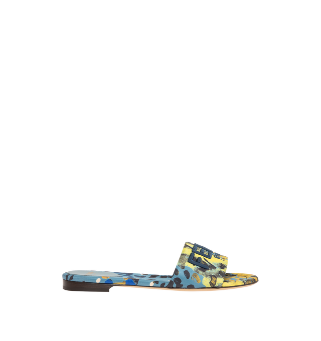 Image 1 of 4 - BLUE - FENDI Sunshine Slides featuring wide-band, silk printed with the multicolored Dew Drops pattern, tone-on-tone silk insole and blue yarn Fendi Roma embossed embroidery. 100% silk. Inside: 100% calfskin. Made in Italy.
