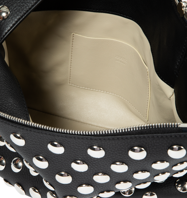 Image 3 of 3 - BLACK - KHAITE Elena Bag with Studs featuring classic box shape, zip-top silhouette, studded in silver discs and lined in nappa leather, with slip pocket. 11 x 3.5 x 7.5 in. Handle drop: 6.5 in. 100% calfskin, brass.