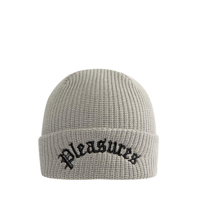 Image 1 of 2 - GREY - PLEASURES Arch Beanie featuring a ribbed beanie, logo embroidery and folded brim.