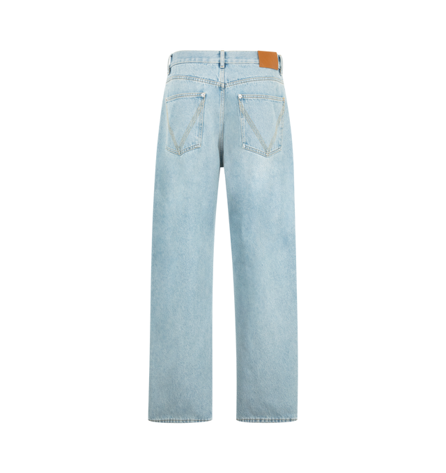 Image 2 of 3 - BLUE - Bottega Veneta Mens Wide-Leg Jeans are crafted from sky-bleached denim. Feature a wide-leg silhouette, button closure, and embossed Intrecciato leather back patch. Main Material: Denim. Made in Italy.