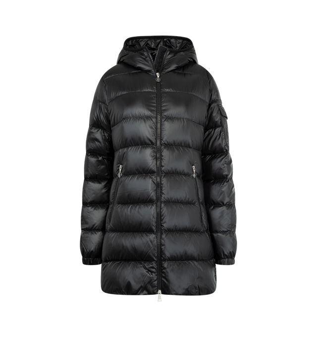 Image 1 of 3 - BLACK - MONCLER Glements Hooded Mid-Length Down Jacket featuring longue saison lining, down-filled, hood, zipper closure, zipped pockets, sleeve pocket with snap button closure and adjustable cuffs. 100% polyamide/nylon. Padding: 90% down, 10% feather. Made in Moldova.
