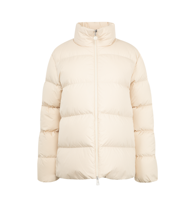 Image 1 of 3 - WHITE - MONCLER Mauzun Short Down Jacket featuring polyester lining, down-filled, zipped pockets, hem with elastic drawstring fastening, matte finish and loose fit. 100% polyester. Padding: 90% down, 10% feather.