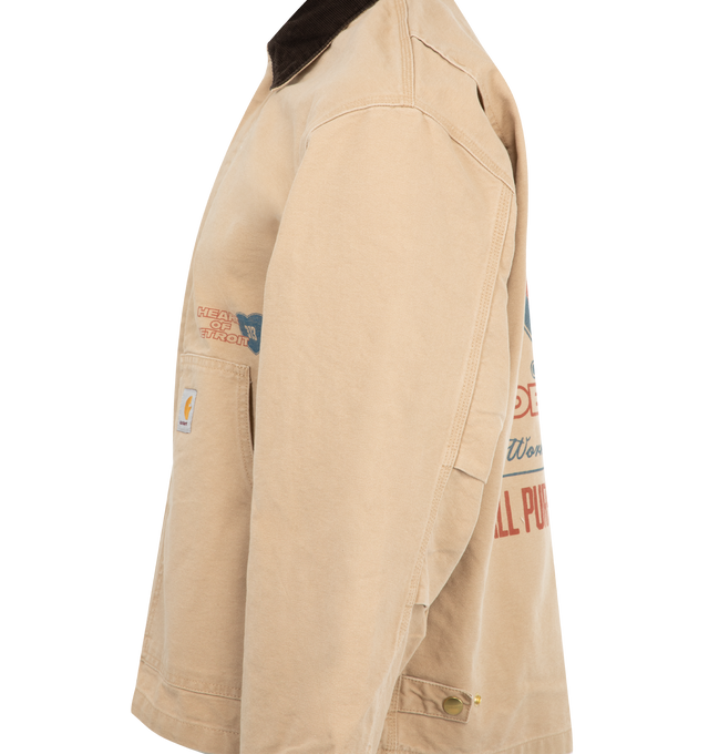 Image 3 of 3 - BROWN - CARHARTT WIP OG Arcan Graphic Jacket featuring heavyweight cotton Dearborn Canvas, loose fit, boxy and oversized, snap-button details appear at the cuffs and back hem, kangaroo pocket, corduroy collar, graphic prints appear on the front and back and woven Square Label. 100% organic cotton.