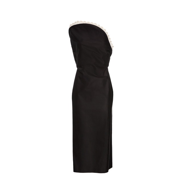 Image 1 of 2 - BLACK - MAGDA BUTRYM Lace Trim Sculptural Midi Dress featuring a classic sheath fit with a sculptural 3D shape at the chest and a handmade crochet lace trim. 100% cotton. Lining: 100% silk.