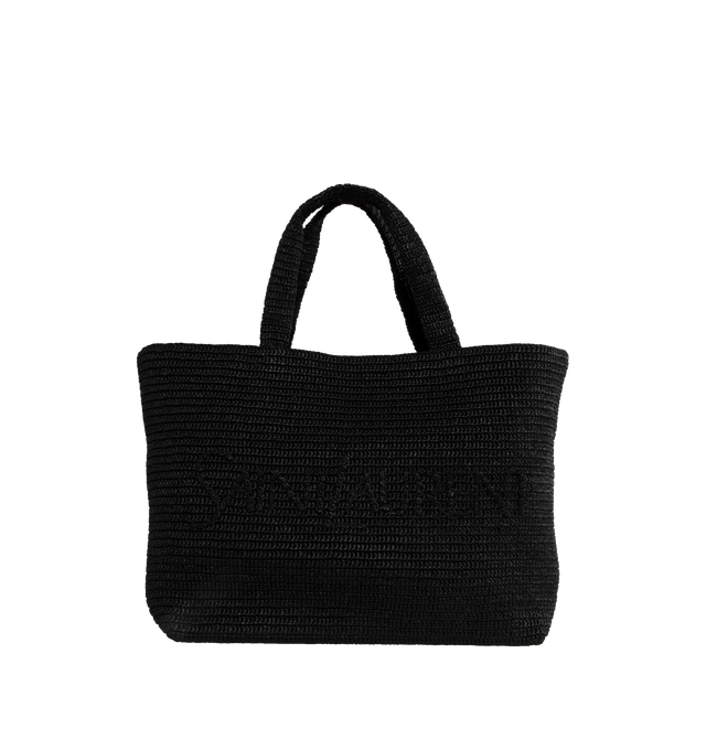 Image 1 of 3 - BLACK - SAINT LAURENT Supple Tote Bag featuring embroidered Saint Laurent signature in tonal raffia, bronze-tone hardware, two top handles, unlined and open top. 16.9"21.3" X 13.8" X 7.1". 8.3" handle drop. 50% raffia, 50% viscose. Made in Madagascar. 