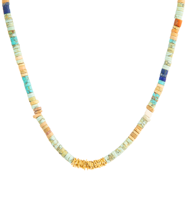 Image 1 of 1 - MULTI - Eli Halili Turquoise, Lapis Lazuli and Coral Beaded Necklace is handcrafted with a vibrant strand of turquoise, lapis lazuli, and coral beads accented by 22K gold discs. Finished with a 22K gold closure, this fine jewelry necklace combines richly colored natural materials with the warmth and organic character of high-karat gold, reflecting Eli Halili's signature artisanal approach. Main Material: 22K Gold. Beads: Turquoise, Lapis Lazuli and Coral. Details: 22K Gold Discs. Closure: 22K