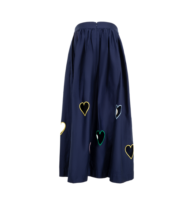 Image 2 of 3 - NAVY - Mira Mikati Women's Heart Cut Out Long Skirt is crafted from lustrous cotton sateen and features a mid-rise silhouette with a sweeping floor-length design. A signature style from the collection, this statement skirt is detailed with playful rainbow heart cut-outs, side pockets, and a center-back zip closure, making it a standout choice for day-to-evening dressing. Main Material: 100% Cotton.