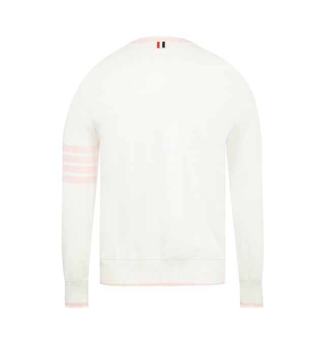 Image 2 of 3 - WHITE - THOM BROWNE Milano Stitch 4 Bar Cardigan featuring signature 4-bar detailing on the left sleeve, striped grosgrain trim at the front, cuffs, and side vents, front button closure, 2 front slip pockets, 4-bar detailing, buttoned cuffs with signature striped grosgrain trim, buttoned side vents with signature striped grosgrain trim and signature striped grosgrain loop tab. 100% cotton. Made in Italy.