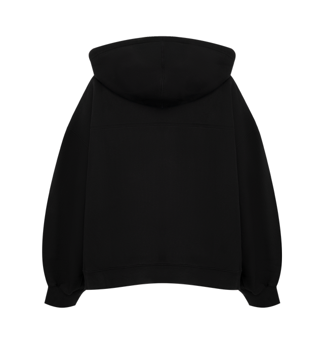 Image 2 of 2 - BLACK - RUADH The Scott Hoodie featuring a softly-rounded silhouette, cut in washed organic cotton. The fluid shape has the ease and versatility of a classic hoodie but with thoughtful, sculptural detailing. The Scott features a two-way zipper for styling options, drawcord at hood to cinch, and RADH emblem embroidery at sleeve edge. 100% organic cotton. Made in Portugal.