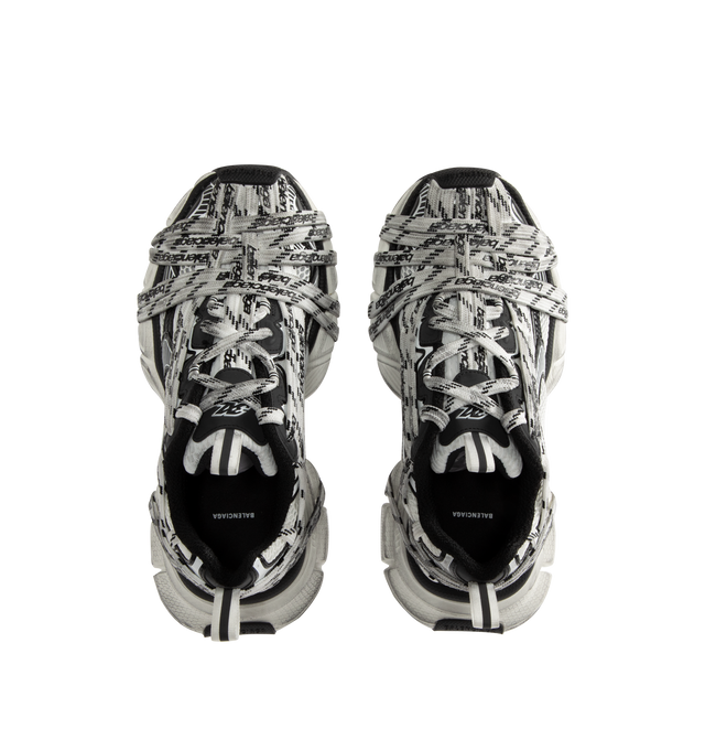 Image 5 of 5 - WHITE - BALENCIAGA 3XL Extreme Laces Logo Sneaker featuring worn-out effect, multiple lace details with Balenciaga logo all around the upper and on the sole, Balenciaga logo at the edge of the toe and at back, embossed size on the upper and at the back of the heel, 3XL rubber branding on the tongue with reflective detail and back and tongue pull-on tab with reflective detail. Upper: polyester, polyurethane. Sole: rubber, EVA. Insole: foam. Made in China.