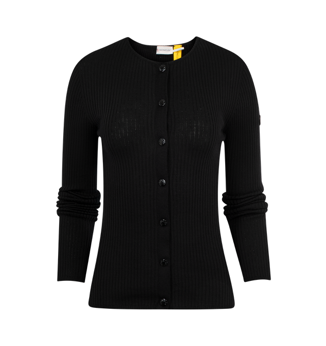 Image 1 of 3 - BLACK - Moncler x EE72 by Edward Enninful Wool Cardigan featuring merino wool, rib knit, gauge 18, crew neck, snap button closure and logo patch. 100% virgin wool. Made in Italy.