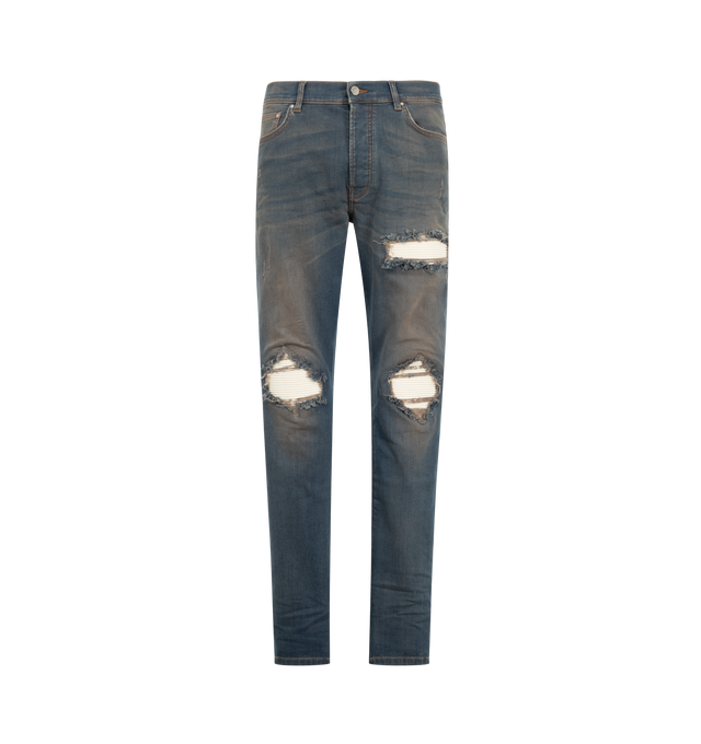 Image 1 of 3 - BLUE - Amiri Mens MX1 Jeans are crafted from Italian stretch denim. Features hand-distressed detailing, pleated flannel repair panels, classic five-pocket styling, and signature MX1 construction. Main Materials: 92% Cotton, 8% Elastane. Made in Romania.