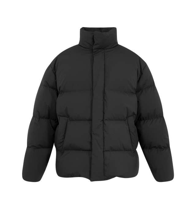 Image 1 of 3 - BLACK - Saint Laurent Men's High-Neck Puffer Jacket is crafted from lurex fabric and features a high stand collar, insulated quilted construction, and a streamlined silhouette for cold-weather comfort. This designer puffer jacket combines technical performance with Saint Laurent's elevated aesthetic for refined everyday outerwear. Main Material: 100% Lurex. Made in Italy.