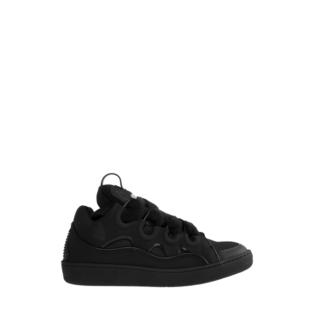 Image 1 of 5 - BLACK - LANVIN Curb Sneaker featuring smudging, piping, and rubberized trim throughout, perforated detailing at toe, lace-up closure, pull-loop and logo plaque at padded tongue, padded collar, logo embossed at outer side and textured rubber outsole. Upper: synthetic, textile. Sole: rubber. Made in Portugal. 