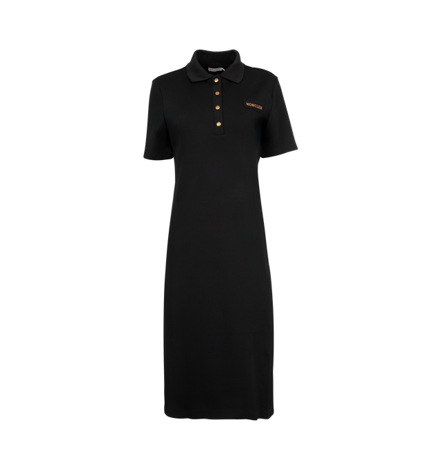 Image 1 of 2 - BLACK - MONCLER Polo Midi Dress featuring technical viscose and nylon blend, rib knit, knit collar, button closure and logo label. 87% viscose/rayon, 12% polyamide/nylon, 1% elastane/spandex. Made in Italy.