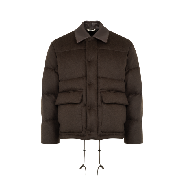 Image 1 of 4 - BROWN - AURALEE Baby Camel Flannel Down Blouson featuring concealed zipper closure with snap buttons, contrast collar, flap pockets on front with snap button closure, adjustable hem with drawstring and relaxed fit. 100% baby camel flannel.
