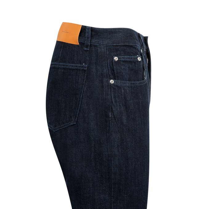 Image 3 of 3 - BLUE - SECOND LAYER Valluco Denim Jeans featuring standard fit, non-stretch, five-pocket style and contrasting leather logo patch at back waistband. 100% cotton.