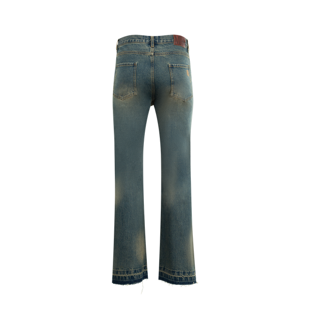 Image 2 of 3 - BLUE - MIDNIGHT RODEO Distressed Denim Jeans featuring zip fly with button closure, 5-pocket design, intentionally distressed denim fabric and rips on front. 100% cotton.