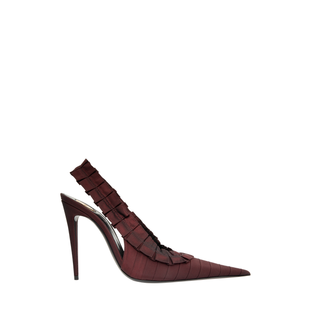 Image 1 of 4 - BROWN - Saint Laurent Madeline slingback pumps in silk taffeta decorated with hand-stitched couture ruffles, featuring a pointed toe, covered stiletto heel, leather soleround saint laurent-engraved metal plaque on the insole, elasticized slingback strap, 11cm heel height. Silk, lambskin. Made in Italy.