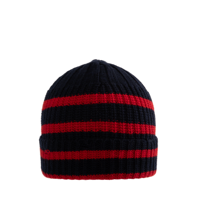 Image 1 of 2 - BLUE - MARNI Ribbed Wool Beanie featuring sailor stripe pattern, destroyed effect on the turn-up hem and hand-stitched Marni mending logo with flower detail. 100% virgin wool. 