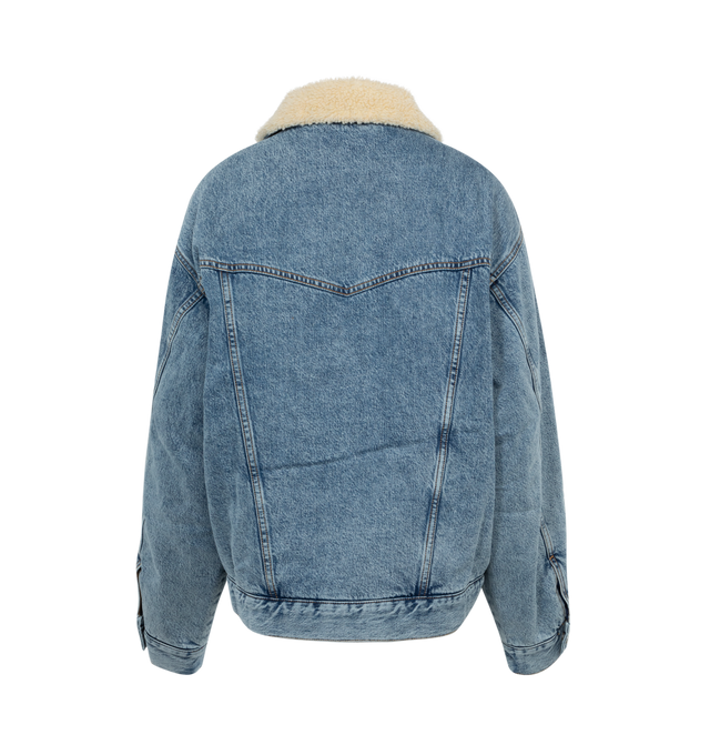 Image 2 of 3 - BLUE - GIVENCHY Fleece Lined Denim Jacket featuring classic shearling collar, button closure on the front, flap pockets with embroidered logo on the chest, stitching embellishment on the placket, dropped shoulders, side pockets, buttoned cuffs and shearling lining. 100% cotton. 