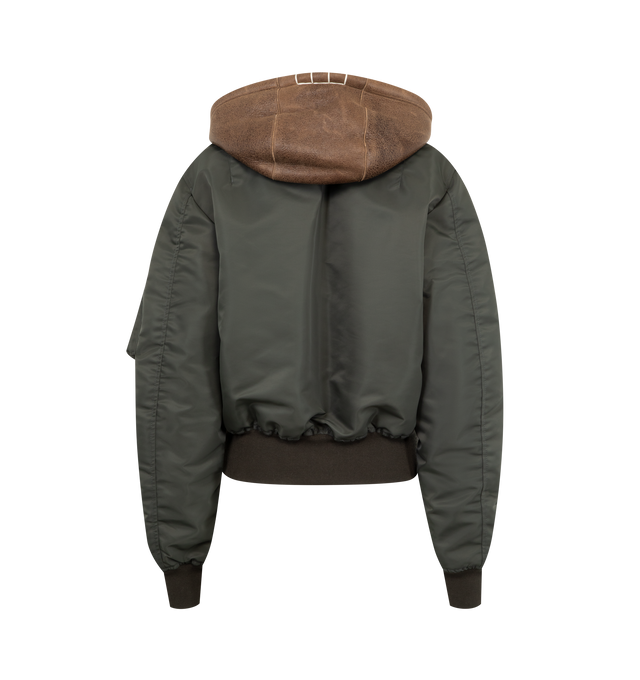 Image 2 of 3 - GREEN - JW ANDERSON Hooded Bomber Jacket featuring distressed brown leather hood, soft short curl ecru sheepskin details, loafer stitch detailing on the hood, a centre front zip with logo leather puller, logo-engraved press snaps and a knitted rib hem. 100% polyamide. Lining: 100% cupro. Made in Italy.