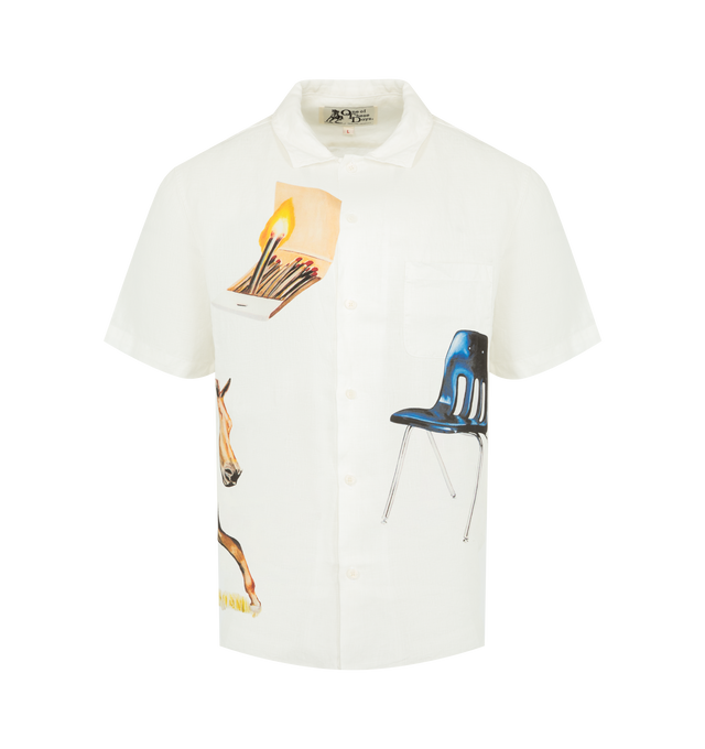 Image 1 of 2 - WHITE - ONE OF THESE DAYS I Never Believed in Much, But I Believe in You Camp Shirt featuring front button closure, single chest pocket, graphics throughout and lightweight linen fabric. 100% tencel.