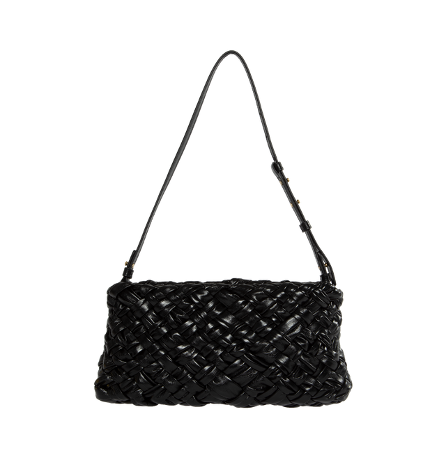 Image 1 of 3 - BLACK - BOTTEGA VENETA Kalimero Cha-Cha Foulard Intreccio leather clutch bag with detachable and adjustable strap. Features one main unlined compartment, detachable and adjustable leather strap, zip closure, brass-tone hardware. 100% Calfskin. Height 5.5" X  Width 9.8". Strap drop 8.7".  Made in Italy. 