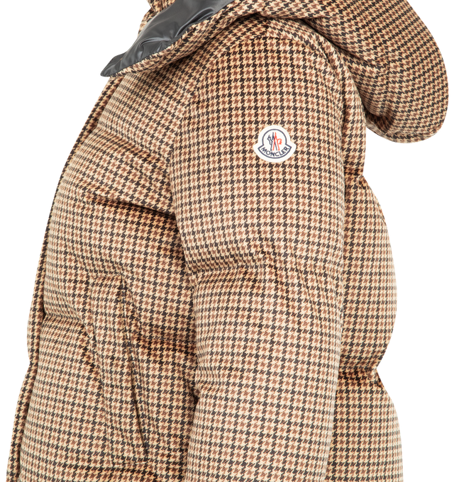 Image 4 of 4 - BROWN - MONCLER Quierzy Hooded Short Down Jacket featuring polyester lining, down-filled, detachable hood, zipper closure, pockets with snap button closure and adjustable hem with drawstring fastening. 100% polyester. Padding: 90% down, 10% feather. Made in Romania.