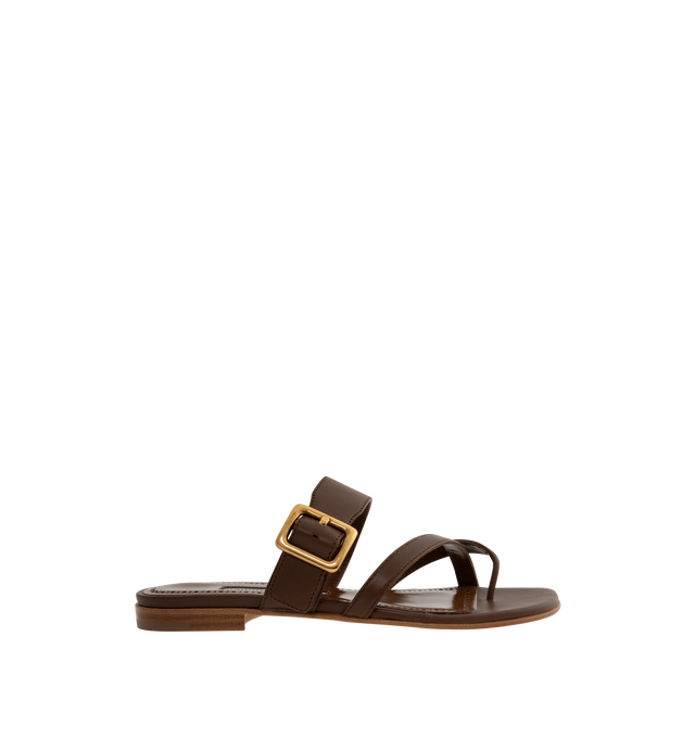 Image 1 of 4 - BROWN - Manolo Blahnik Thalusa nappa leather flat sandals featuring an open toe, crossover front straps with toe stem, instep strap with gold buckle design detail and flat stacked 10mm heel. Upper: 100% lamb nappa. Sole: 100% calf leather. Lining: 100% kid leather. Made in Italy.