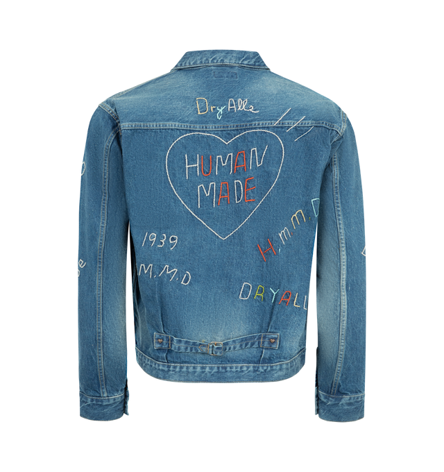 Image 2 of 3 - BLUE - HUMAN MADE Embroidered Denim Work Jacket featuring classic silhouette, textured selvedge denim, hand-drawn graphics, front button closure, embroidery, left front inner pocket with heart stitching, heart-shaped rivets and adjustable fit with cinch back. 100% cotton. Made in Japan.