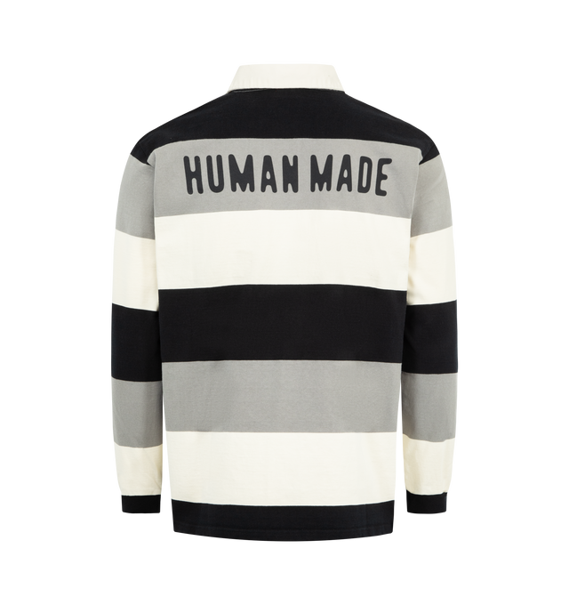 Image 2 of 2 - GREY - HUMAN MADE Rugby Shirt featuring oversized fit, durable cotton, classic striped design, brand logo appears on the back and heart patch on the left chest. 100% cotton.