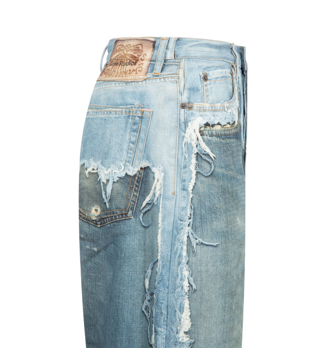 Image 3 of 3 - BLUE - ACNE 1981 Trompe-Lil Jeans featuring a hyper-detailed print to mimic frayed seams, worn patches and dangling key charms illusion, loose, baggy wide-leg silhouette, button zip closure and 5 pocket style. 100% cotton. Made in Italy.