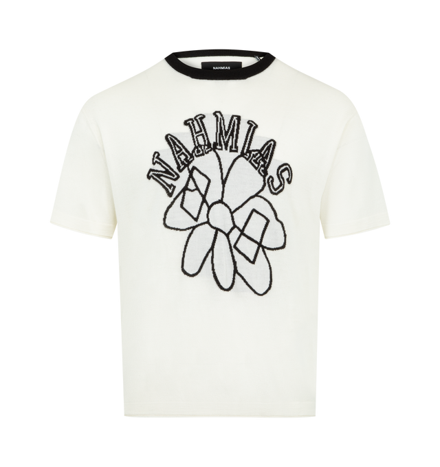 Image 1 of 4 - WHITE - NAHMIAS Knit Flower Boxy Tee featuring crew neck, short sleeves, contrast collar and front embroidered graphic. 100% cotton. Made in the USA.