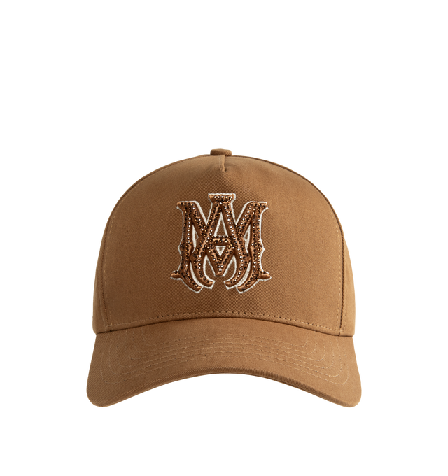 Image 1 of 2 - NEUTRAL - Amiri Crystal MA Outline Canvas Hat is crafted from cotton canvas and features MA icon embroidery accented with crystal embellishments, a curved brim, embroidered eyelets, and a double snapback closure. Main Material: 100% Cotton. Crown Circumference: 23 in. Crown Height: 3.75 in. Visor Width: 2.75 in. Made in the United States.