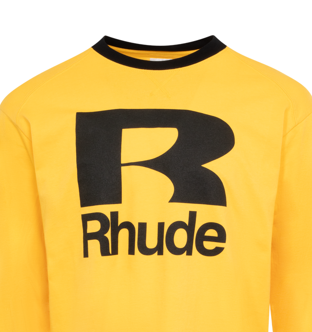 Image 2 of 2 - YELLOW - RHUDE Petrol Crewneck featuring boxy-fit, premium washed cotton, long sleeves, contrast crewneck and cuffs and Rhude classic logo graphics placed on the front. 100% cotton.  