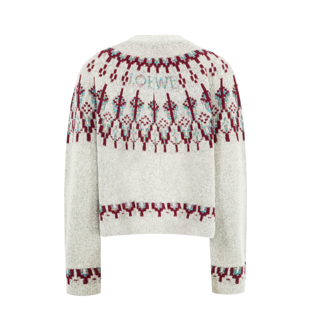 Image 2 of 2 - GREY - LOEWE Cardigan in medium-weight wool blend featuring a boxy silhouette, a Fair Isle pattern with a sequinned yarn, relaxed fit, regular length, V-neck, button front fastening, welt pockets, ribbed cuffs and hem and LOEWE jacquard placed at the back. Wool/polyamide. Made in Italy.