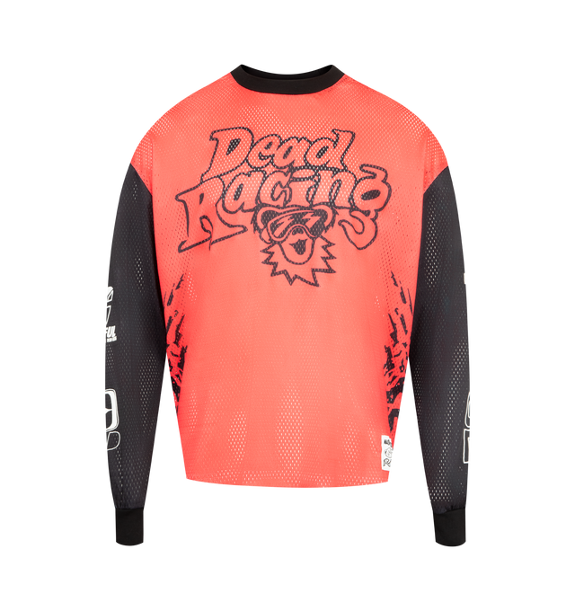 Image 1 of 4 - RED - MARKET X GD Moto Jersey featuring long sleeves, crewneck, logo graphics on front, back and sleeves and contrasting collar and sleeves. Mesh jersey.