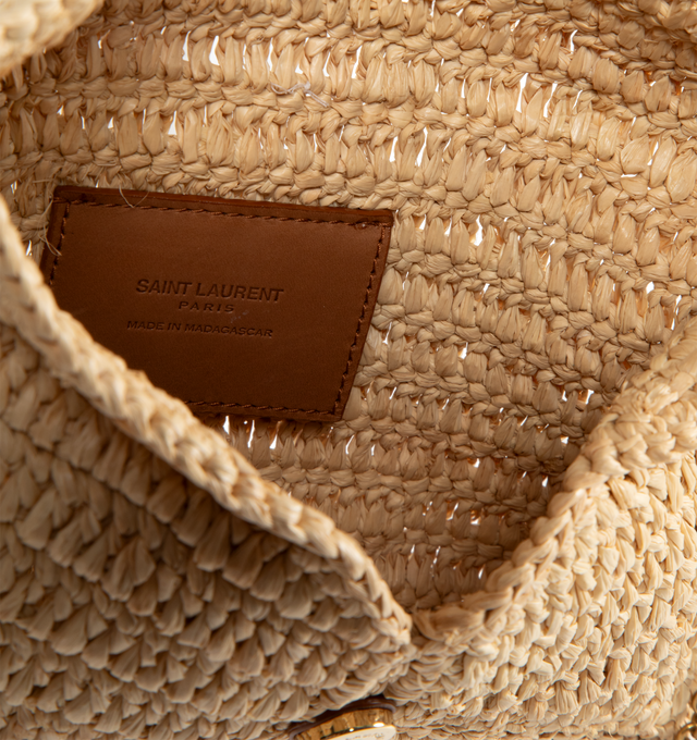 Image 3 of 3 - NEUTRAL - SAINT LAURENT Cassandre Chain Pouch in Raffia featuring raffia and vegetable-tanned leather, decorated with the cassandre, a detachable leather-and-chain strap, leather lining, bronze-tone hardware, magnetic closure and one card slot. 7.5" x 4.7" x 1.2". Raffia. Made in Italy.