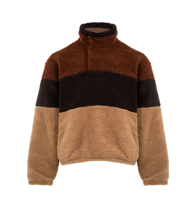 Image 1 of 3 - BROWN - LE PERE Striped Sherpa Pullover featuring multi-colored stripes, slightly oversized fit, lined with a cotton jersey, elastic cuffs and hem and stand collar. 88% polyester, 12% wool. Made in Portugal.