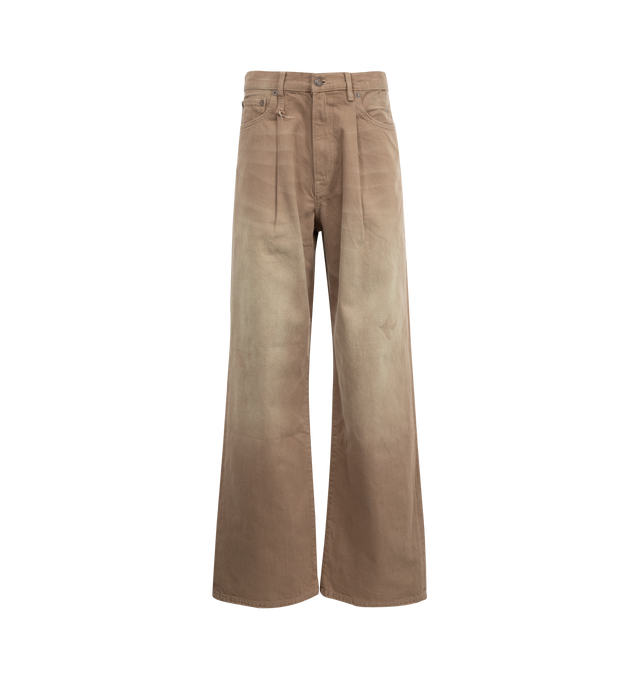 Image 1 of 3 - BROWN - R13 Damon Pleated Wide Leg Jean featuring zip fly with button closure, 5-pocket design, pleated fabric details at waist, whiskering along front and heavily faded and lightly distressed throughout. 100% cotton. Made in Italy.