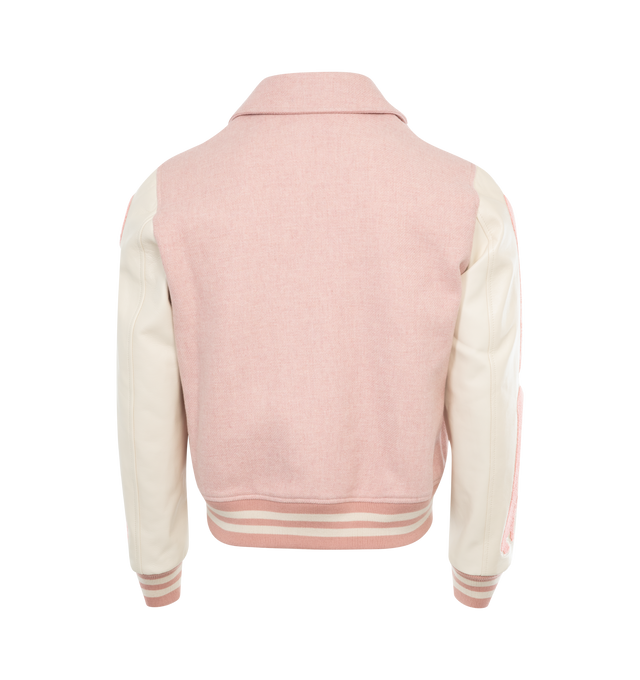Image 2 of 2 - PINK - AMIRI Bones Jacket featuring contrast leather sleeves, welt zipper pockets, banded rib accents, classic snap front closure and embroidered Amiri script logo at chest. Wool/leather/viscose. Made in Italy.  