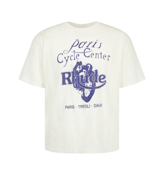 Image 1 of 2 - WHITE - Rhude Men's Paris Cycle Center Slub T-Shirt is crafted from lightweight cotton and features a slub-textured finish, a classic crew neckline, short sleeves, and a bold Paris Cycle Center graphic print at the front. Designed in a slightly loose, regular-fit silhouette, this everyday essential is finished with a straight hem for versatile wear. Main Material: 100% Cotton.