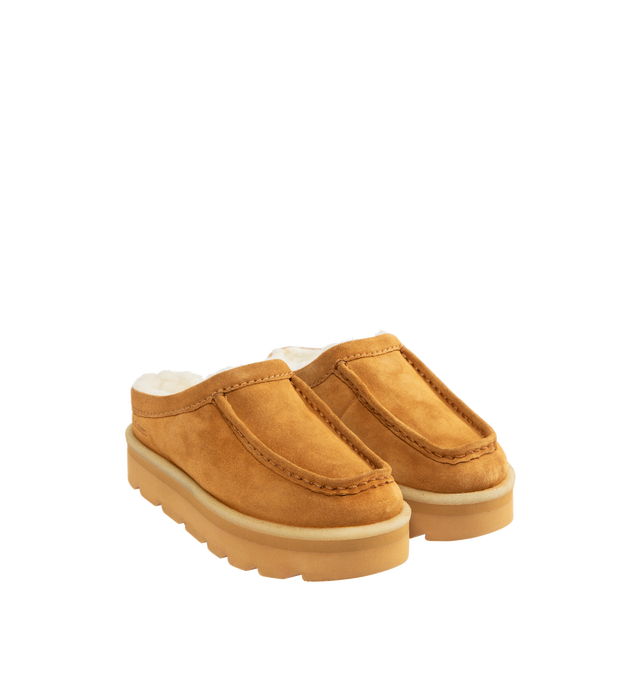 Image 2 of 4 - BROWN - CLARKS Meare Mule featuring suede uppers, synthetic fur lining, hand stitched apron seam, crepe rand, tonal EVA rubber sole, Woven Clarks Originals label on sock and Wallabees branding on heel.