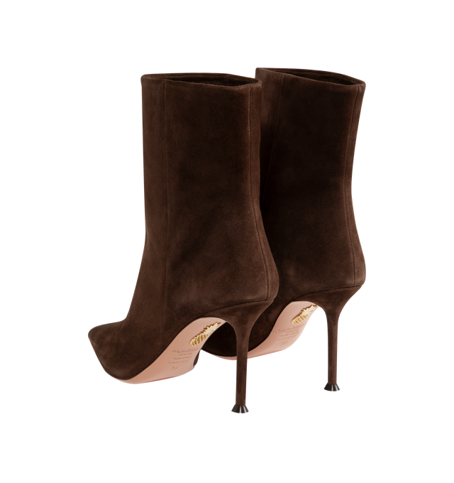 Image 3 of 4 - BROWN - Aquazzura Women's Harper Bootie 85 is crafted from smooth suede and features a sleek ankle-high silhouette with a pointed toe for an elegant, elongated profile. Designed in an easy pull-on style, these designer booties are set on an 85mm heel and finished with a soft leather lining and durable calf leather sole. Upper: Suede. Lining: Leather. Sole: Calf Leather. Heel Height: 85 mm / 3.3 in. Closure: Pull-On. Toe: Pointed. Made in Italy.