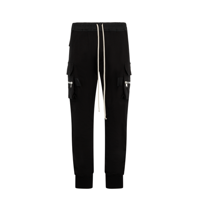Image 1 of 3 - BLACK - Rick Owens Mens Mastodon Cargo Pants are crafted from cotton poplin. Feature a slim fit, elasticized waistband with drawstring, side pockets, zip cargo pannier pockets with flaps and tabs, back flap pockets, and elasticized ankles. Main Material: 97% Cotton, 3% Elastane. Made in Italy.