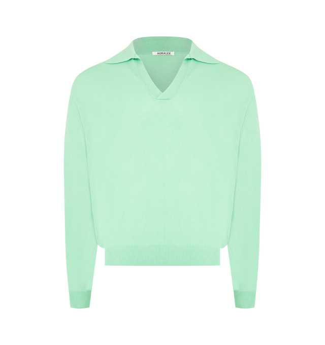 Image 1 of 2 - GREEN - AURALEE Super Fine Cashmere Silk Knit Skipper Polo featuring cashmere yarn, luxurious fabric, ribbed trim and open polo collar. 50% cashmere, 50% silk. Made in Japan.